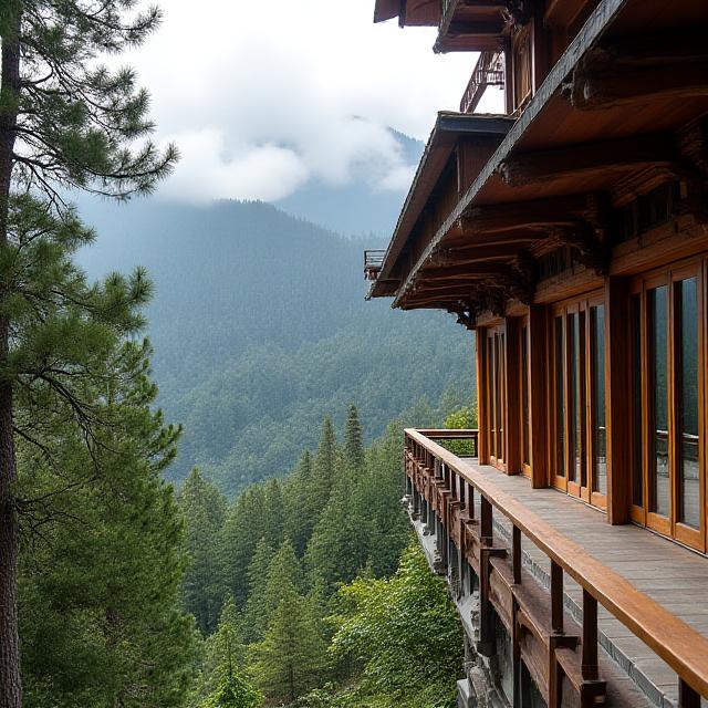 A luxury mountain lodge in Bhutan overlooking a deep valley