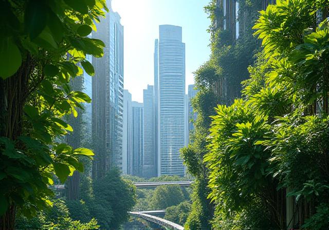 Hyper-modern cityscape of Singapore with vertical gardens and biophilic architecture