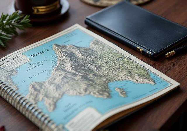 Close up of a personalized travel itinerary and vintage map