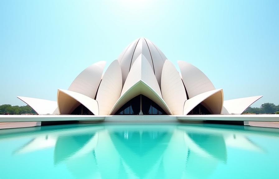 The Lotus Temple in Delhi reflecting in the surrounding water