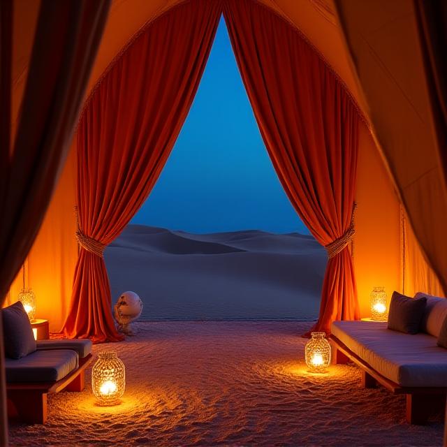 Luxury tented suite in the Omani desert under a starry sky